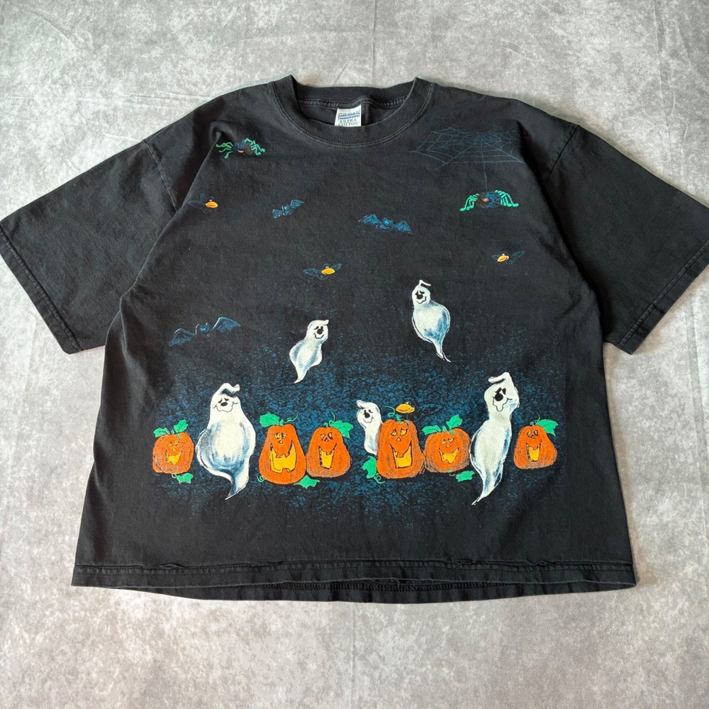 Vintage Halloween AOP T-Shirt Mens XL Black Pumpkins Ghosts Bats Spooky
